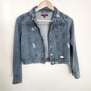 7 For All Mankind Wythe Girls Button Front Distressed Crop Denim Jean Jacket Y2K